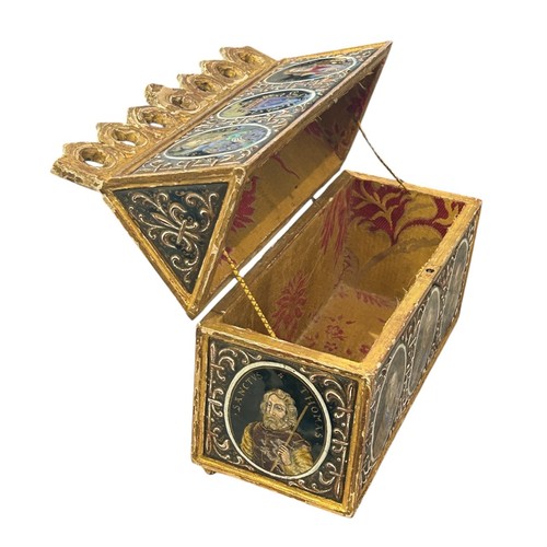 18 - A fine 19th century gilt wood and enamel set casket or chases in the 16th century Limoges style, the... 