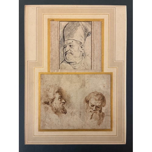 Studio of Peter Paul Rubens (1577-1640), Attributed to Sir Anthony van Dyck (1599-1641) - A head of a bishop; and a study of two heads of apostles, after Raphael (double-sided with indistinct drawing verso), bistre ink and black chalk on laid paper, from the Sir Thomas Lawrence Collection (1769-1830) collection 'TL' blindstamp lower left of lower sheet, there another indistinct inscription in black to the lower edge of this drawing, sheet dimensions: Bishop: 11 x 7.5 cm (11.7 x 12 cm including backing sheet); Two apostles: 12.7 x 16.3 cm.

Provenance: Sir Thomas Lawrence (1769-1830); Samuel Woodburn (1783–1853); Private UK collection; Thence by decent to the present owner.  

In June 1835, Samuel Woodburn acquired Sir Thomas Lawrence’s drawings collection for a reputed £16,000 following the artist’s death and the rejection of an earlier offer to sell them to the nation. Woodburn began to sell Lawrence’s collection and, on June 4th, 1860, this mount containing both sheets of drawings sold at Christie, Manson & Woods. It is catalogued in the auction as Anthony van Dyck:  'Catalogue of the Valuable and Important Collection of Drawings - Formerly in the Collection of Sir Thomas Lawrence and more recently the Property of that distinguished connoisseur Samuel Woodburn, Esq. Monday June 4, 1860.' Lot 344: 'Sir Ant. van Dyck - A Head of a Bishop, and a study of two other heads - bistre' (see image of catalogue page). 

The upper drawing is a copy of a head from The Coronation at Saint Denis (the Marie de’ Medici Cycle), while the lower studies are based on Raphael’s cartoons for the Acts of the Apostles tapestry series, Paul Preaching at Athens. Rubens had a particular interest in this cycle and is documented as having owned six painted copies of the individual works, now lost. The Cartoons were sent to Brussels for weaving in the sixteenth century and remained there for some time, becoming well known to Netherlandish artists. Rubens was likely familiar with them before his journey to Italy in 1600, where he later saw the completed tapestry sets in Mantua and Rome.

A head study that bears a notable resemblance to the left head on the lower sheet was sold at Sotheby's: 'Old Master Drawings, January 29, 2020', Lot 77: Attributed to Anthony van Dyck: Double-sided sheet of figure studies with the Madonna and Child. (see head study in profile, verso).