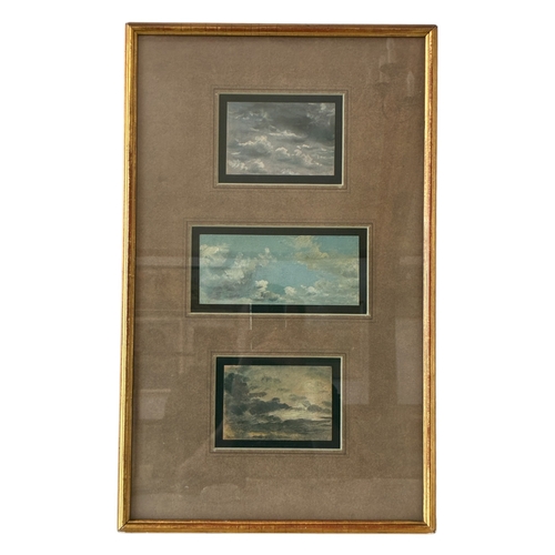 Attributed to John Constable R.A. (1776-1837) - Three Cloud Studies, oil on paper, with The Fine Art Society label verso inscribed 'Cloud Effect Studies by John Constable R.A., November 1951, from Sir Frank Newson Smith Collection', sheet dimensions from top to bottom: 11.4 x 8.6 cm; 17 x 7.3 cm; 11.3 x 7.5 cm, frame dimensions: 53.5 x 33.4 cm. Together with receipt of purchase from The Fine Art Society.

Provenance: Identified during a routine valuation appointment in the Cotswolds. Private collection, by descent to the present owner; Purchased from The Fine Art Society, London, November 15, 1951; Purchased from Christie, Manson & Woods 'the Property of Sir Frank Newson-Smith, Bart. ; Also Ancient and Modern Pictures and Drawings from Other Sources', Friday, January 26, 1951.

In the catalogue 'L'opera completa di Constable' (1979, Rizzoli), Robert Hoozee suggests a group of 25 small sky studies attributed to John Constable could be the work of either son, Lionel or Alfred Constable. A number of these works were included in the Newson-Smith sale at Christie's in 1951. The Newson-Smith Collection was purchased through Leggatt's in the 1890s from Ella Mackinnon, John Constable's Granddaughter.