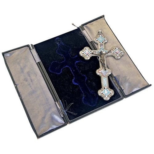 10 - A large 19th century continental cased micromosaic crucifix, mounted in white metal with panels deco... 