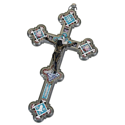 10 - A large 19th century continental cased micromosaic crucifix, mounted in white metal with panels deco... 