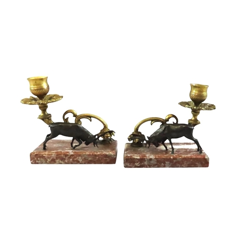 13 - A pair of 19th century continental bronze and ormolu candlesticks, decorated with opposing stags bes... 