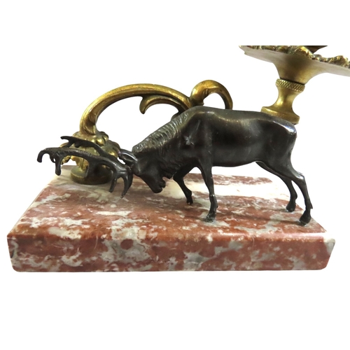 13 - A pair of 19th century continental bronze and ormolu candlesticks, decorated with opposing stags bes... 