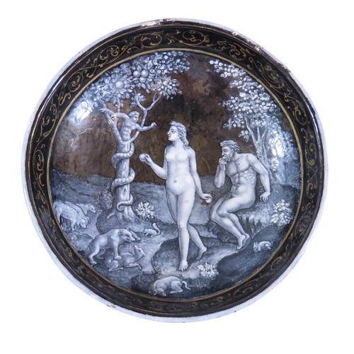 19 - A rare 16th century Limoges grisaille & gilt enamel bowl, decorated internally with a narrative scen... 