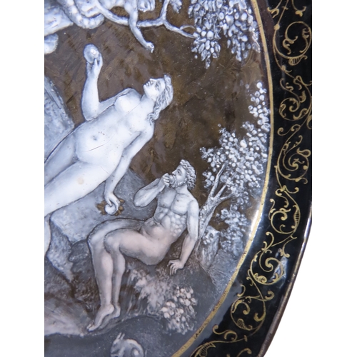 19 - A rare 16th century Limoges grisaille & gilt enamel bowl, decorated internally with a narrative scen... 