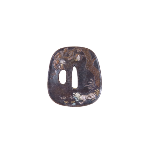 5 - A matched pair of Japanese bronze Tsuba, each decorated with seated and snarling wolves in pine grov... 