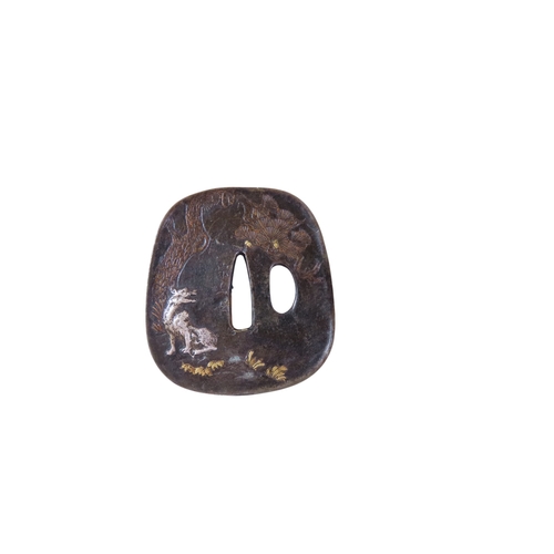 5 - A matched pair of Japanese bronze Tsuba, each decorated with seated and snarling wolves in pine grov... 