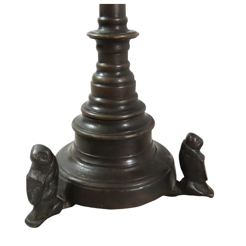 52 - A good pair of early continental ecclesiastical cast bronze pricket candlesticks, with flared bowls ... 