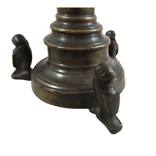 52 - A good pair of early continental ecclesiastical cast bronze pricket candlesticks, with flared bowls ... 