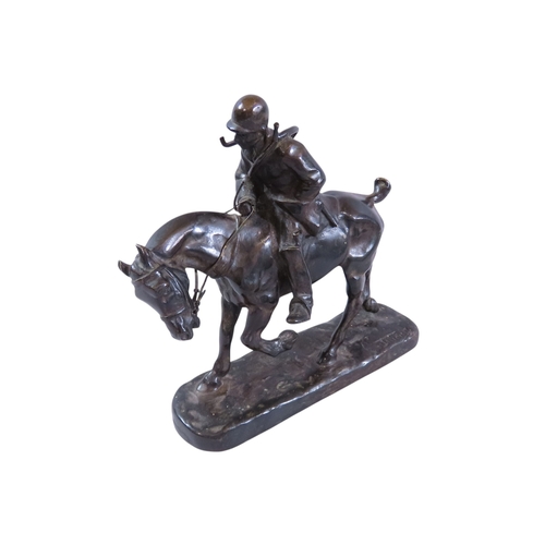 53 - After Gaston D'illiers (French, 1876-1932) bronze figure group, huntsman astride mount, smoking a pi... 