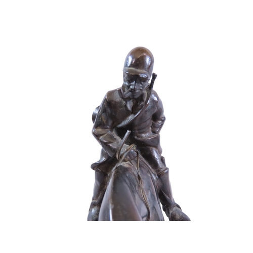 53 - After Gaston D'illiers (French, 1876-1932) bronze figure group, huntsman astride mount, smoking a pi... 