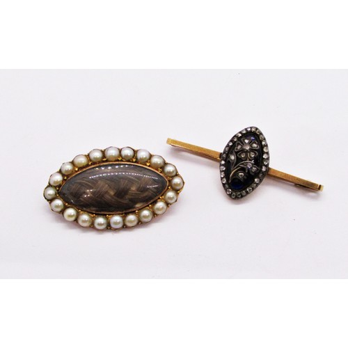 291 - An antique bar brooch mounted with a cobalt blue enamel with applied floral motif highlighted with r... 