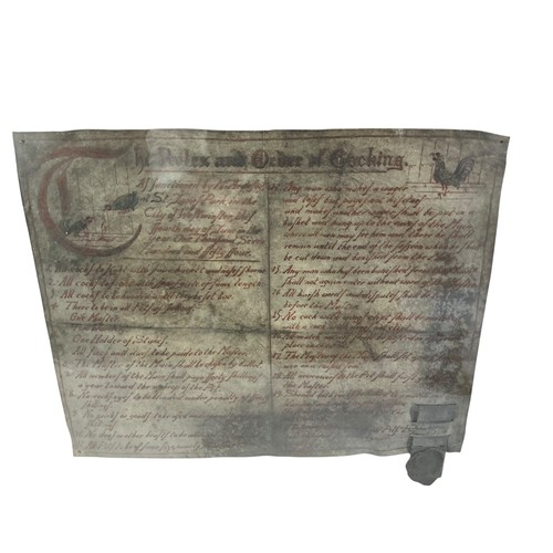 15 - ‘The Rules and Order of Cocking’, a rare and unusual mid 18th century framed illuminated velum docum... 