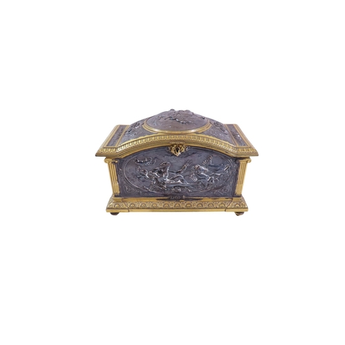 14 - A good 19th century French bronze and ormolu casket, decorated with detailed vignettes populated wit... 