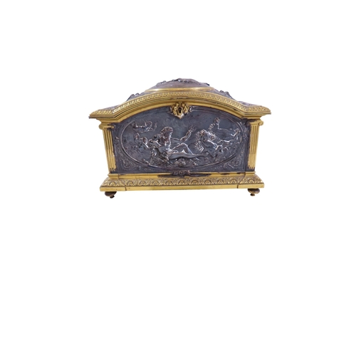14 - A good 19th century French bronze and ormolu casket, decorated with detailed vignettes populated wit... 