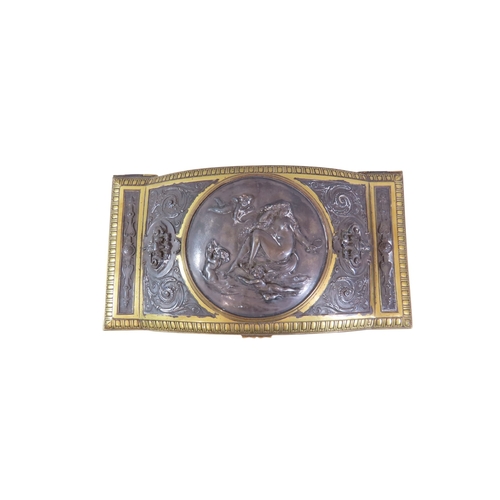 14 - A good 19th century French bronze and ormolu casket, decorated with detailed vignettes populated wit... 