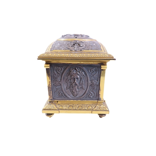 14 - A good 19th century French bronze and ormolu casket, decorated with detailed vignettes populated wit... 