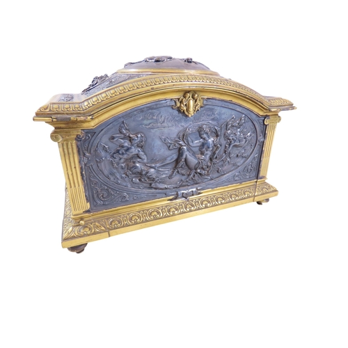 14 - A good 19th century French bronze and ormolu casket, decorated with detailed vignettes populated wit... 