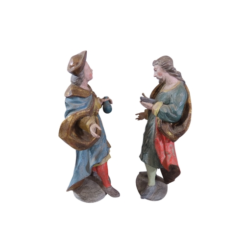 40 - A good pair of Belgian carved wood and overpainted allegorical figures, one in the form of a cloaked... 