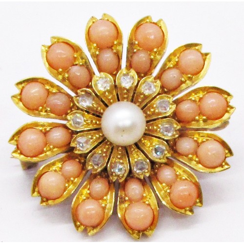 288 - A Victorian coral, diamond and pearl pendant/brooch, of flowerhead form, centred with a pearl measur... 