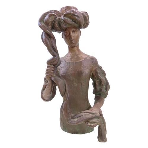 574 - A bronze statue by Tone Thiis Schjetne 1928-2015, female with turban hat, 42cm high