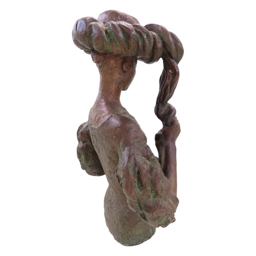 574 - A bronze statue by Tone Thiis Schjetne 1928-2015, female with turban hat, 42cm high