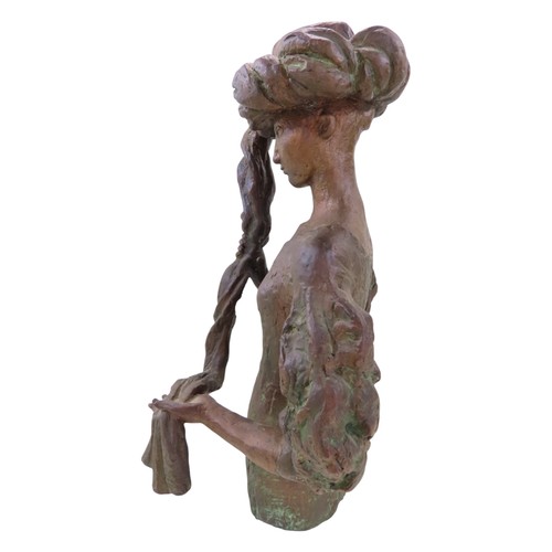 574 - A bronze statue by Tone Thiis Schjetne 1928-2015, female with turban hat, 42cm high