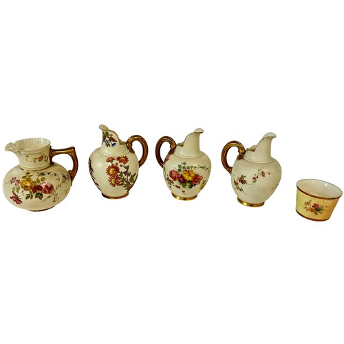 22 - Three Worcester flatback jugs with hand-painted floral detail, a further Worcester jug, and a small ... 