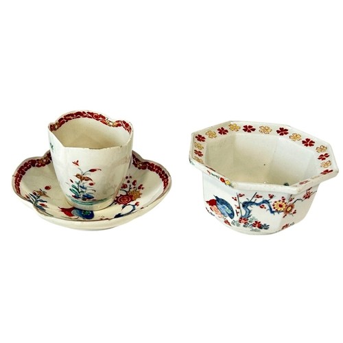 18 - Worcester Dr. Wall period cream jug and octagonal bowl, tea bowl and saucer, all in the two quail pa... 