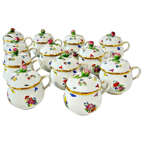 11 - A set of twelve Meissen chocolate pots and covers, with hand-painted floral bouquet and insect decor... 