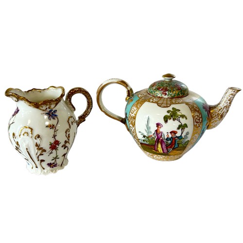 61 - Pair of Meissen bottle shaped vases with alternating floral and romantic panels, together with a fur... 