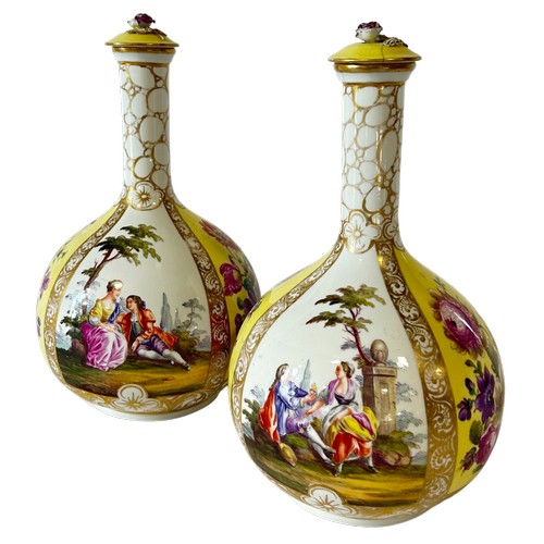 61 - Pair of Meissen bottle shaped vases with alternating floral and romantic panels, together with a fur... 