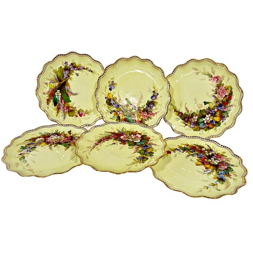 36 - A set of six 19th century Wedgwood dessert plates with pale yellow ground, each with hand painted in... 