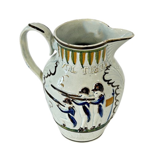 16 - An 18th century Prattware Loyal Volunteers jug, 15cm high - see page 169 Prattware by J & G Lewis