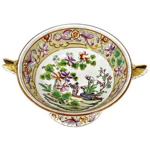 8 - A Copeland & Garrett stem dish with chinoiserie detail and gilded butterfly handles, 20cm diameter