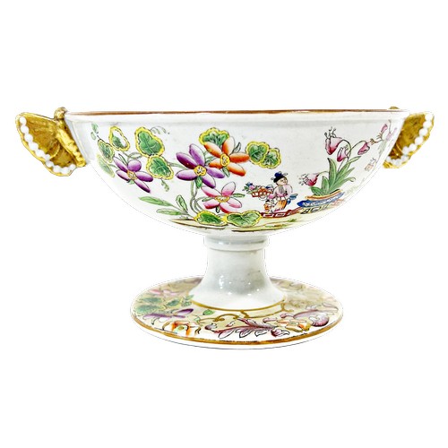 8 - A Copeland & Garrett stem dish with chinoiserie detail and gilded butterfly handles, 20cm diameter