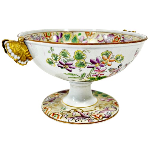 8 - A Copeland & Garrett stem dish with chinoiserie detail and gilded butterfly handles, 20cm diameter