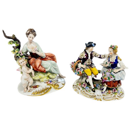 41 - A Capodimonte group of a young girl and cupid, together with a Sitzendorf figure group - romantic fl... 
