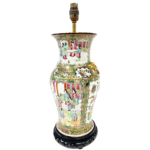 55 - A 19th century Chinese famille rose porcelain vase with moulded gilt handles, converted into a lamp,... 