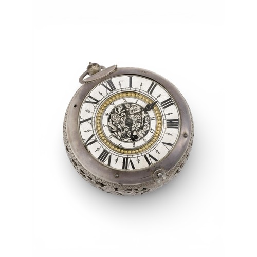 David Bouquet, London
A rare silver clock-watch with alarm
Circa 1660-1665.
 
The 8cm diameter gilt-brass dial has a silver chapter ring read from a tulip-shaped blued steel hour hand on the engraved silver alarm disc.
The gilt-brass top plate is signed D Bouquet London with silver rosette-engraved countwheel and a similarly engraved mainspring silver disc and (later) balance wheel regulation disc, the balance cock is pierced and engraved and is now secured with a blued steel screw. The movement has gilt-brass circular plates secured by four engraved vase-shaped pillars, verge escapement, engraved going barrel for the strike train with a single steel hammer striking the hours on a large bell, a smaller spring barrel powers the alarm train.
The silver case has three shuttered winding holes in the base and the band is pierced and elaborately engraved with flower heads and a pair of hounds chasing a stag, the top and tail of the case is further engraved with a fine bearded man’s head. The outer tooled leather protecting case has a faded red velvet lining and brass fittings.
 
9cm. diameter silver case
10cm diameter outer protecting case
 
Provenance
By family repute the watch was originally owned by Sir Matthew Hale (1609-1676), and thence by descent through the same family to the present day. Matthew Hale was an influential barrister and judge who served throughout the reigns of Charles I, Oliver Cromwell and King Charles II. He was also a member of Parliament for Gloucestershire.
 
DAVID BOUQUET
David bouquet senior d. 1665 was an exceptional watchmaker of French heritage. He was admitted to the Clockmakers’ Company in 1632 and is recorded as being an Assistant to the Clockmakers’ Company until 1665. Examples of his watches exist in the British Royal Collection, the British Museum and the Clockmakers’ Company Collection, Science Museum.