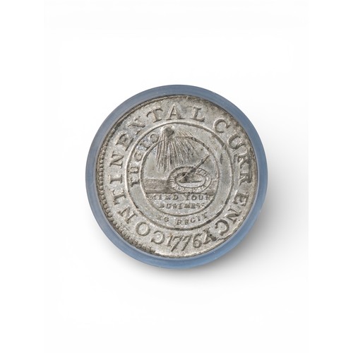 United States Of America. Continental Dollar, 1776. CONTINENTAL CURRENCY, EG FECIT. Struck In Pewter. Newman 3-D. Very Rare. NGC Encapsulated And Graded AU58.

Obv: Newman 3 Die. Outer Ring, CONTINENTAL CURRENCY 1776, Inner Ring, FUGIO / EG FECIT, Below Sundial, MIND YOUR BUSINESS.

Rev: Newman D Die. Interlinked Rings, N•HAMP•S / MASSASCHS / CONNECT•T / R•ISLAND / N•YORK / N•JERSEY / PENNSILV / DELAWARE / MARYLAND / VIRGINIA / N•CAROLIN / S•CAROLIN / GEORGIA. A Central Ring, AMERICAN CONGRESS• / WE ARE ONE.

This 1776 Continental Dollar piece offers a rare and significant opportunity for collectors to acquire one of the few examples in American numismatics that prominently features the pivotal year of 1776, marking the birth of the United States. The initials 'EG' in 'EG FECIT' ('EG made this') are attributed by Eric P. Newman to Elisha Gallaudet, c.1730-1805. While the intended purpose and specific origin of these pewter pieces remain uncertain and whether indeed originally intended as a coin or medal, they are traditionally and widely regarded as the first series of American Dollar coins.

This example is understood to be totally fresh to the market, having been recently discovered in a local property, unearthed from an old toffee tin containing a collection of jewellery, object d’art and curiosities, believed to have been sealed and essentially forgotten about for decades.