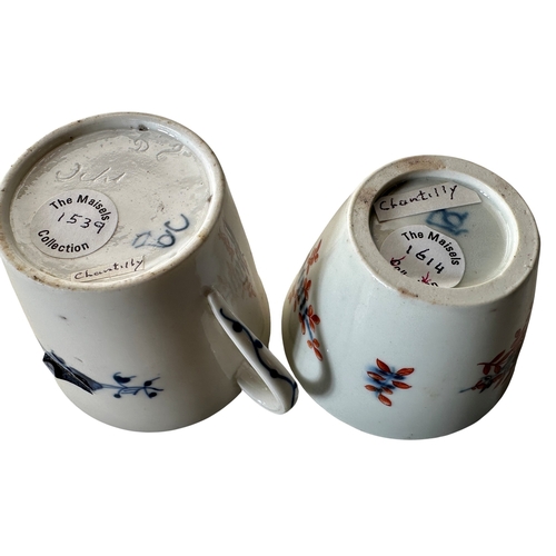 12 - A Chantilly Spray tea bowl in red and blue and a further Chantilly creamware cup with loop handle, t... 