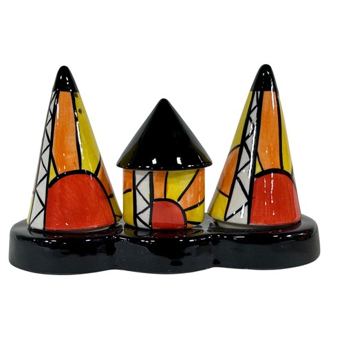 28 - Lorna Bailey Old Ellgreave pottery condiment set and two conical shaped sugar casters in the Sunburs... 