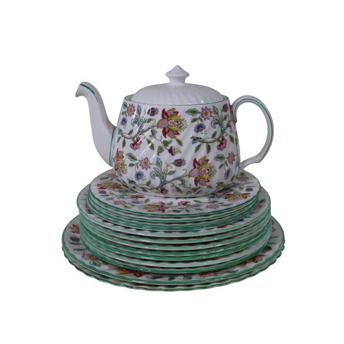 5 - A collection of Minton Haddon Hall B1451 pattern tableware, comprising: dinner plates, side plates, ... 