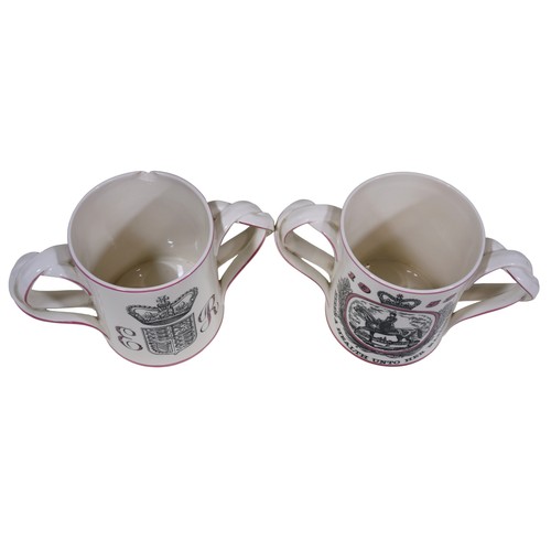 14 - A pair of Royal Doulton quart capacity tankards, commemorating the 1953 coronation (2)