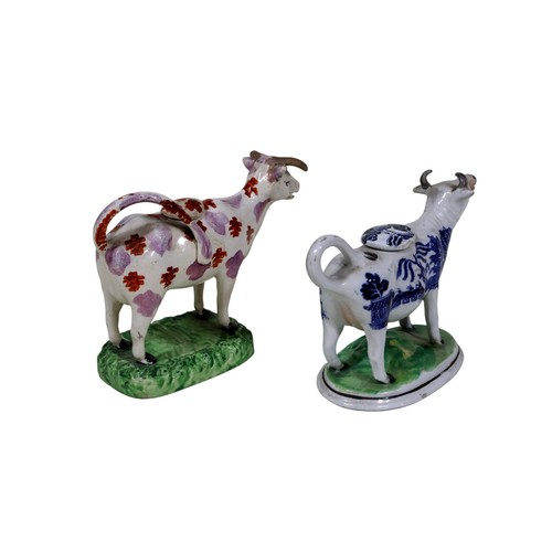 16 - Two 19th century Staffordshire cow creamers, one with Sunderland lustre detail, the other with Willo... 