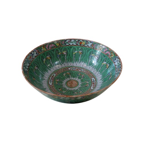 47 - A Chinese famille vert bowl, with traditional detail, 30cm diameter, and further inverted baluster c... 