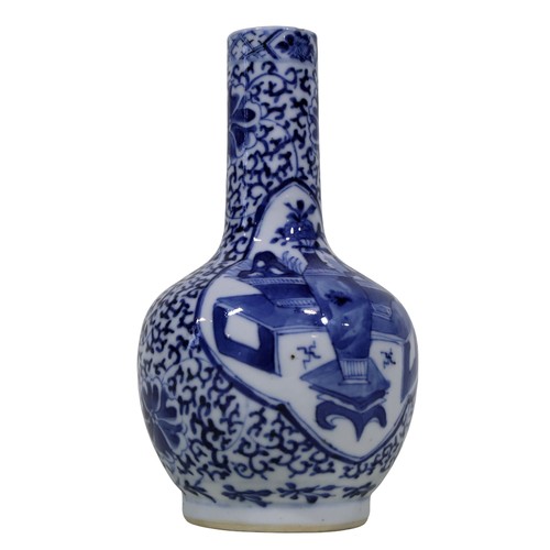 51 - A Chinese blue and white vase with drawn neck, with device panels, further prunus blossom ginger jar... 