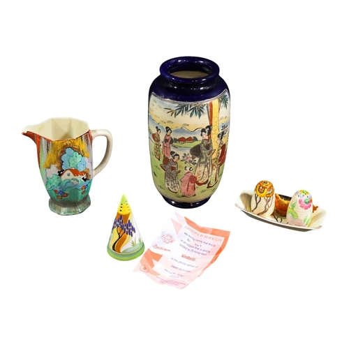 242 - Clarice Cliff jug Forest Glen pattern together with a Rhodanthe pattern dish, further condiments, a ... 
