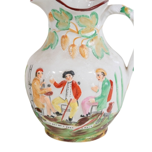 121 - A 19th C Style Staffordshire beer jug with relief decoration together with Staffordshire character J... 